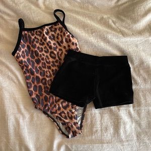 Gymnastics Leotard and Shorts, leopard print, black velvet, kids size M/8